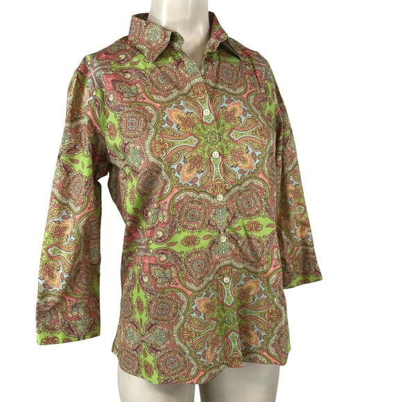 LANDS' END - WOMENS 4 - MULTICOLOR LONG SLEEVE BUTTON COLLARED PAISLEY TOP SHIRT - Picture 1 of 7